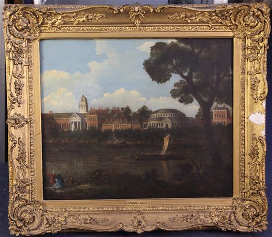Attributed to Samuel Scott (1702-1772) A view along the Thames, 20 x 24in.